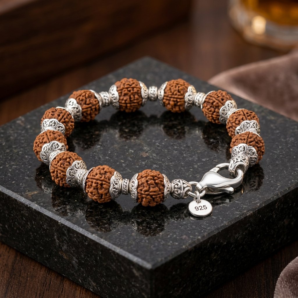 Pure 925 Silver Capped 5 Mukhi Rudraksha Bracelet (Men & Women)